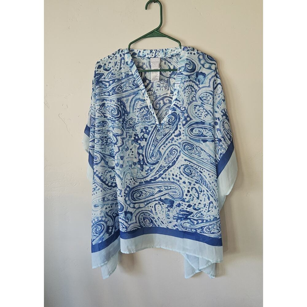 Chicos Top Womens L / XL Sheer Flowy BLUE Paisy Kimono Swim Beach Travel Top
